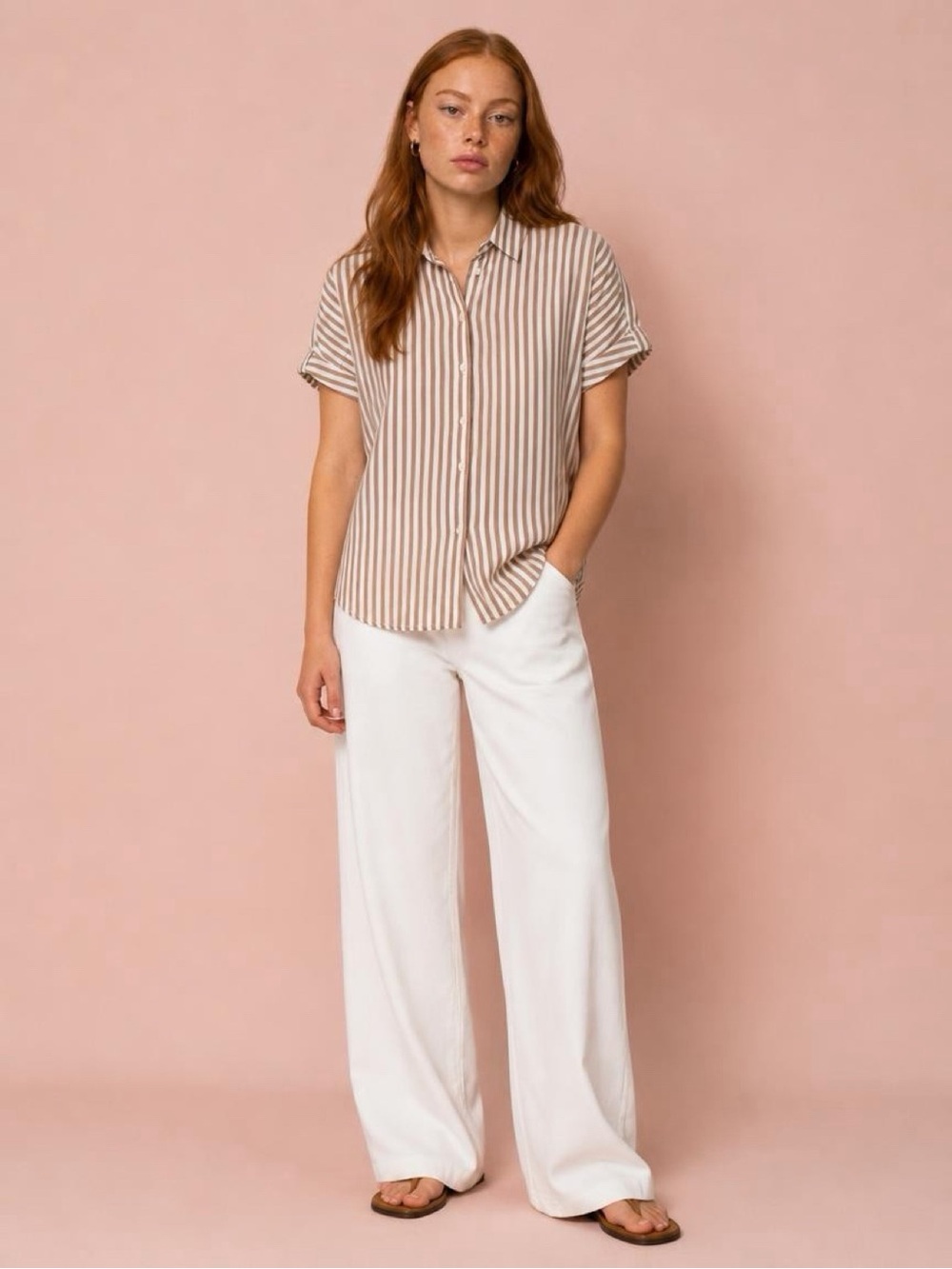 XiRENA Channing Striped Cotton Button Down Shirt / Brown and White Size L